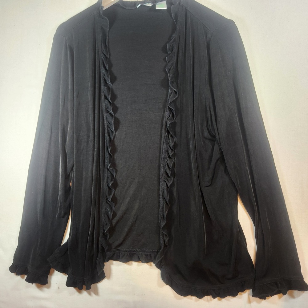 Laura Ashley Black Ruffle Trim Open Front Cardigan Long Sleeve Acetate Blend L